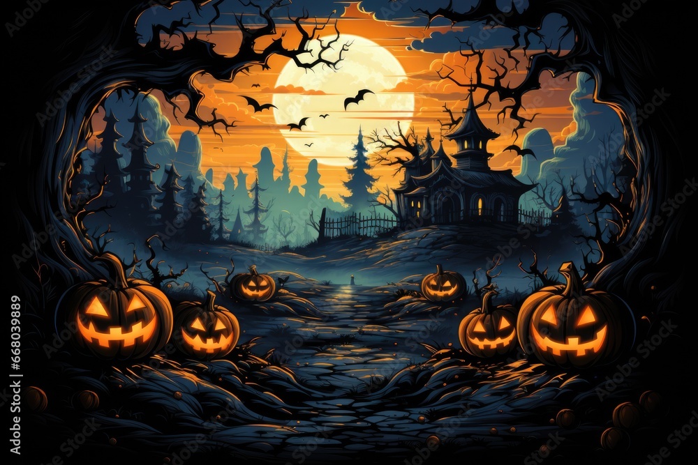 Fototapeta premium halloween concept. scary pumpkin and house. with fantastic background. generative ai