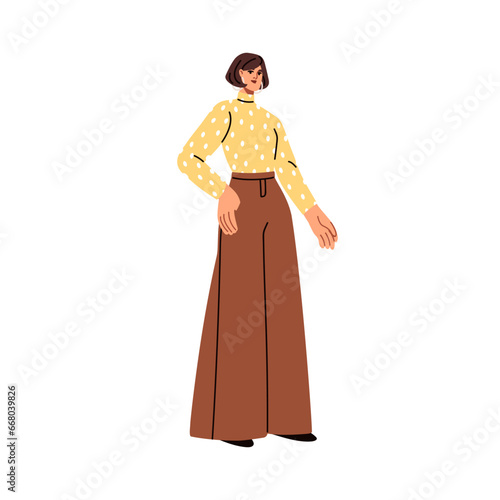 Young woman wearing modern apparel, turtleneck and wide trousers. Trendy girl standing, posing in fashion stylish apparel, casual clothes. Flat vector illustration isolated on white background