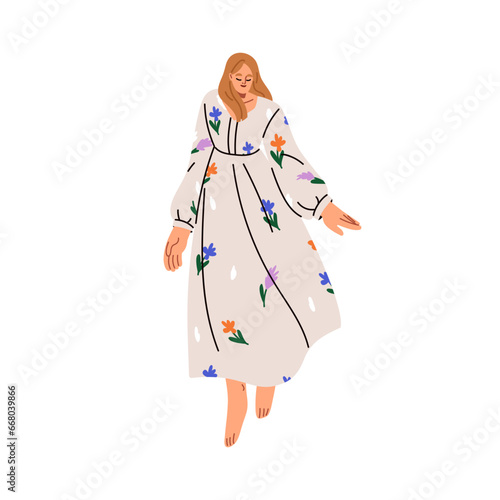 Modern romantic woman walking, wearing dress with flower print. Beautiful bar...