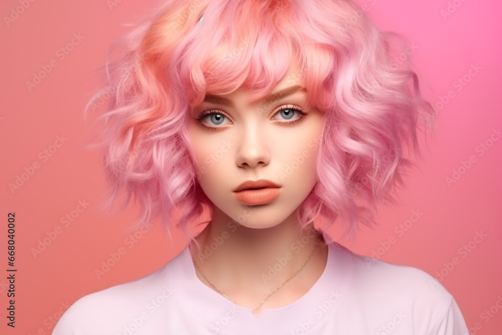 Portrait of a beautiful girl with pink hair on a pink background.