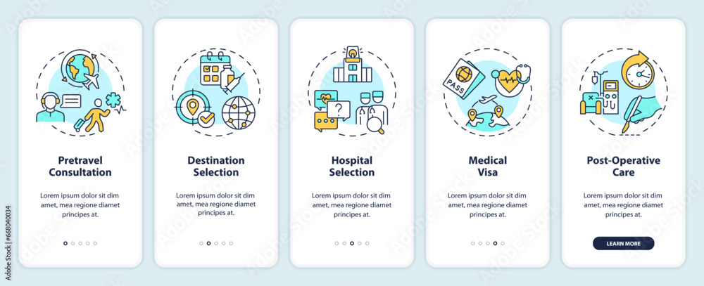2D icons representing medical tourism mobile app screen set. Walkthrough 5 steps multicolor graphic instructions with linear icons concept, UI, UX, GUI template.