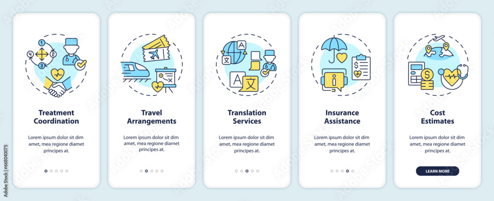 2D icons representing medical tourism mobile app screen set. Walkthrough 5 steps colorful graphic instructions with line icons concept, UI, UX, GUI template.