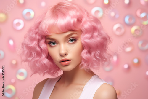 Portrait of a beautiful girl with pink hair on a pink background.