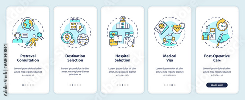 2D icons representing medical tourism mobile app screen set. Walkthrough 5 steps multicolor graphic instructions with linear icons concept, UI, UX, GUI template.