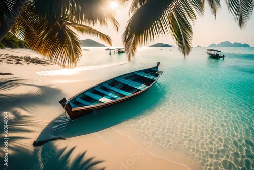 Pristine beaches in Thailand with turquoise waters, palm trees casting long shadows, a solitary wooden boat on the shore