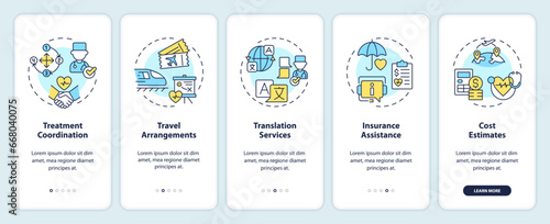 2D icons representing medical tourism mobile app screen set. Walkthrough 5 steps colorful graphic instructions with line icons concept, UI, UX, GUI template. © bsd studio