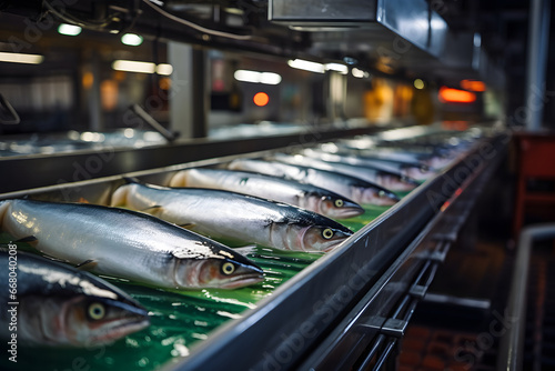 A conveyor belt in a fish processing factory with a line of fresh trout, fresh fish