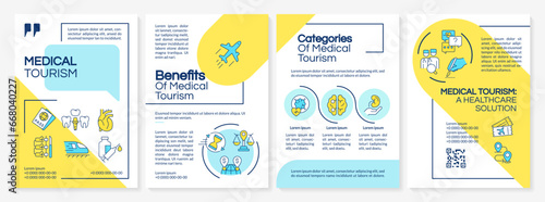Multicolor medical tourism brochure template, leaflet design with thin linear icons, 4 vector layouts.