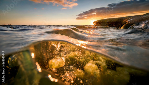 Partly underwater view of the Baltic Sea at sunset