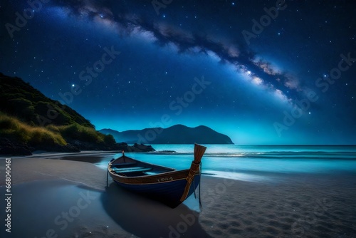 A longboat under a starry night sky on a tranquil beach, bioluminescent waters shimmering with otherworldly light