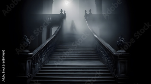 A spooky mansion at night. Spooky staircase with fog and a glowing ghostly apparition. halloween mansion horror