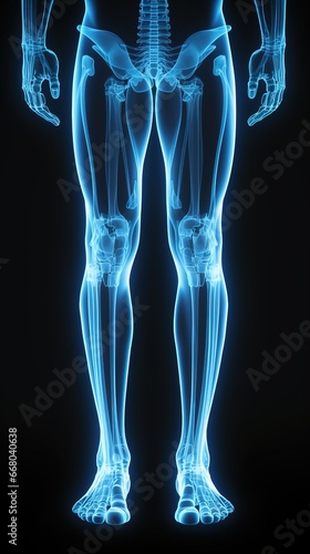 X-ray of legs of a male human, blue tone radiograph on a black background
 photo