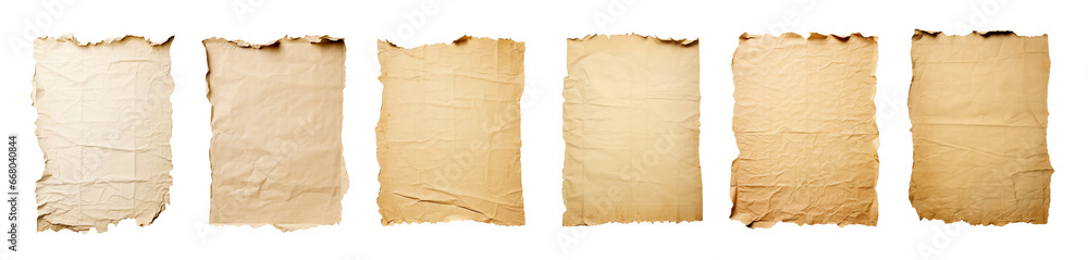 Collection of torn paper with space for text design, old brown paper texture, on transparent background. png