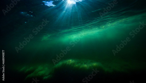 Underwater green view of growing algae in blue green marinehues sun rays and copy space