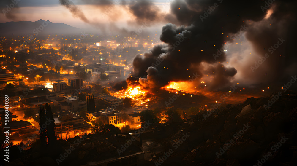 An image representing a destroyed city by Airstrike , A post-apocalyptic ruined city. Destroyed buildings, burnt-out vehicles and ruined roads. world war, Apocalypse