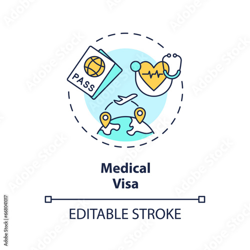 2D editable multicolor medical visa icon, simple isolated vector, medical tourism thin line illustration.