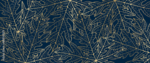 Blue luxury background with golden unusual leaves. Vector botanical background for decor, wallpaper, covers, cards and presentations.