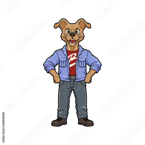 Rockstar Miniature Pinscher Cartoon Character in Denim Jacket and Red Shirt