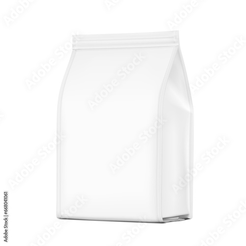Vertical bag mockup. Flat bottom gusset bag. Half side view. High realistic. Vector illustration isolated on white background. Ready for use in presentation, promo, advertising and more. EPS10.