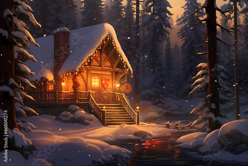 A snowy cabin in the woods with a warm  inviting glow