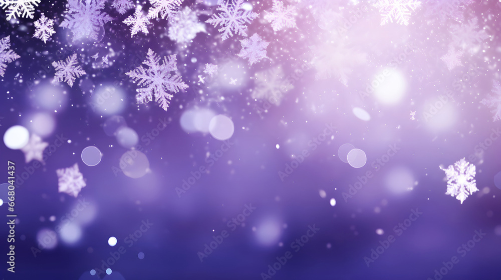 Abstract snowflake and purple bokeh particles floating illustration purple background. white particles on purple  background with cinematic atmosphere. 