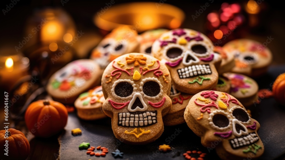 A plate of sugar skulls with candles in the background