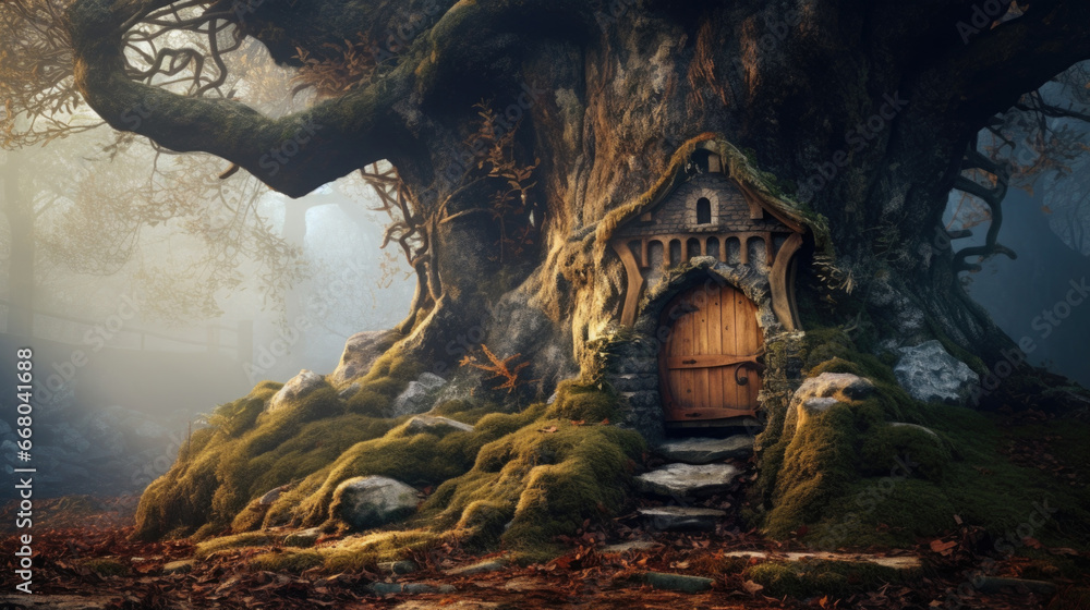 Obraz premium A fairy house in the middle of a mossy forest