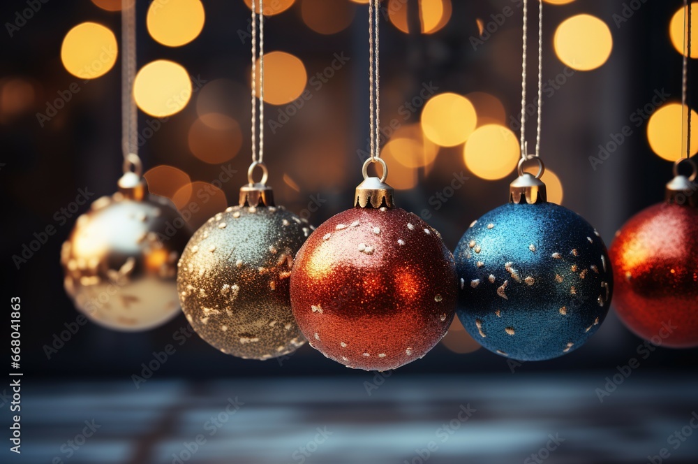 Beautiful decoration of Christmas balls close-up hanging on blurred background and bokeh light. Beautiful decoration of Christmas balls close-up hanging on blurred background and bokeh light.