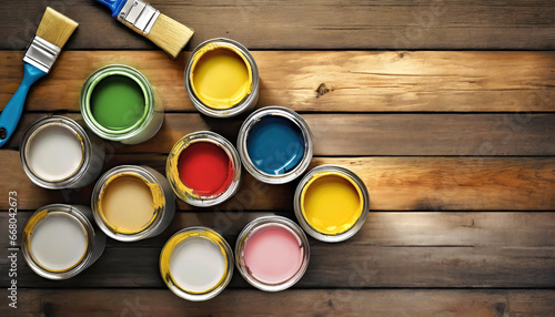 Paint cans with colorful paints and paintbrushes over weathered wooden floorboard.