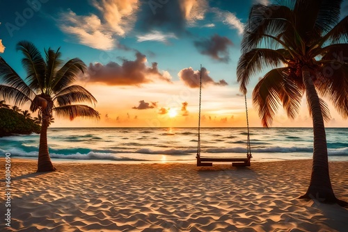 sunset on the beach with palm tree