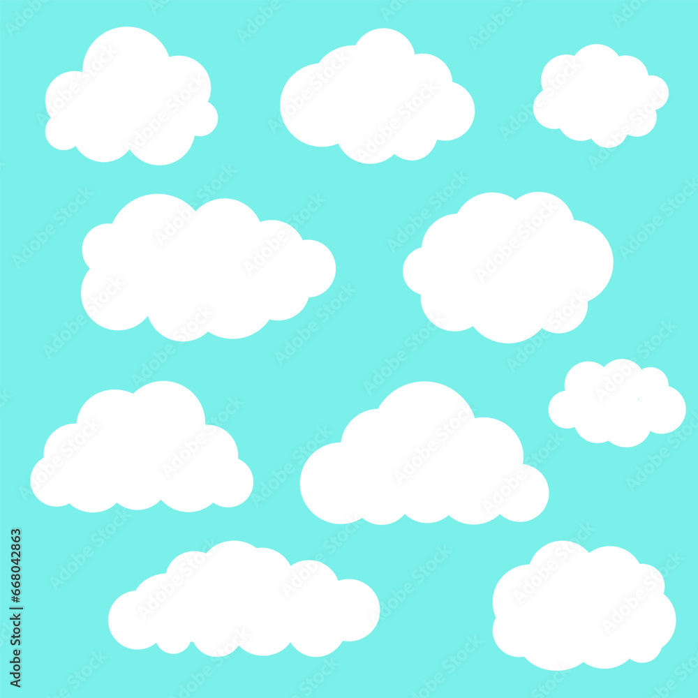 A simple set of clouds on a blue isolated background, vector illustration, white clouds in a minimalistic style, for background decoration, video, 10 eps