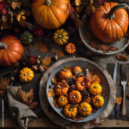 Still life image of autumn pumpkins with vintage kitchen utensils on a weathered wooden table. Top view.