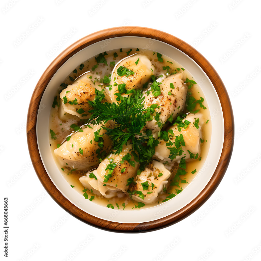Top View of Chicken and Dumplings with Parsley Isolated on Transparent or White Background, PNG Top View of Chicken and Dumplings with Parsley Isolated on Transparent or White Background, PNG