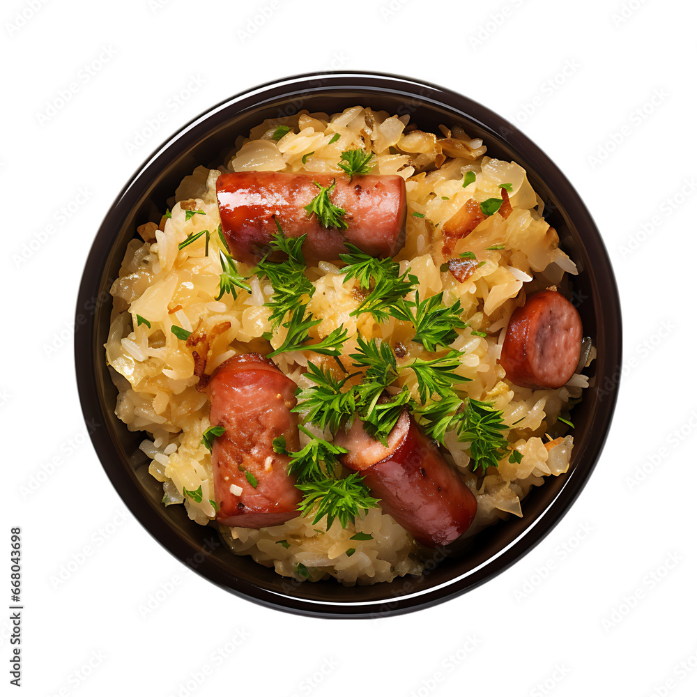 Top View of Sauerkraut with Smoked Sausages Isolated on Transparent or White Background, PNG Top View of Sauerkraut with Smoked Sausages Isolated on Transparent or White Background, PNG