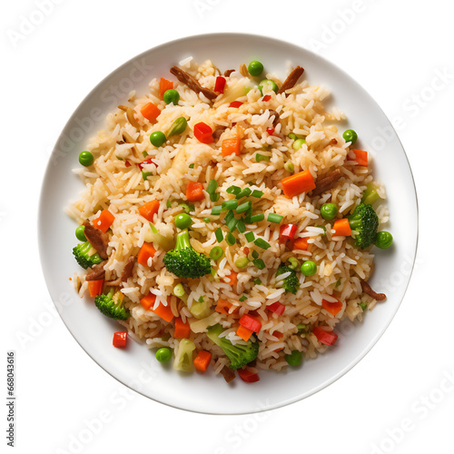 Top View of Fried Rice with Vegetables Isolated on Transparent or White Background, PNG