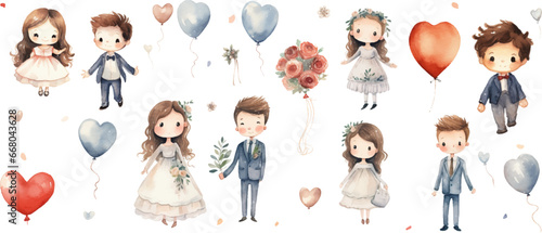 Set of cute childish wedding vectors illustrations drawn in watercolor on white background