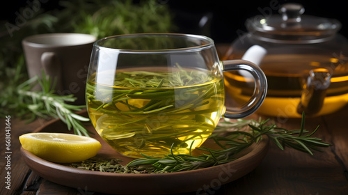  tea with mint, Homemade herbal tea and fresh tarragon leaves on wooden table,