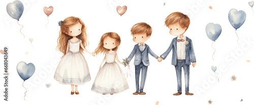 Set of cute childish wedding vectors illustrations drawn in watercolor on white background