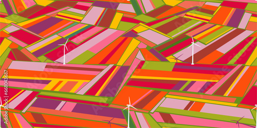 Trendy Seamless Flat Abstract Colorful Field Of Flowers With Wind Turbines Vector Illustration Background Template