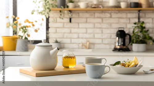 Interior of light kitchen with teapot, cup and snacks on table, minimalist style