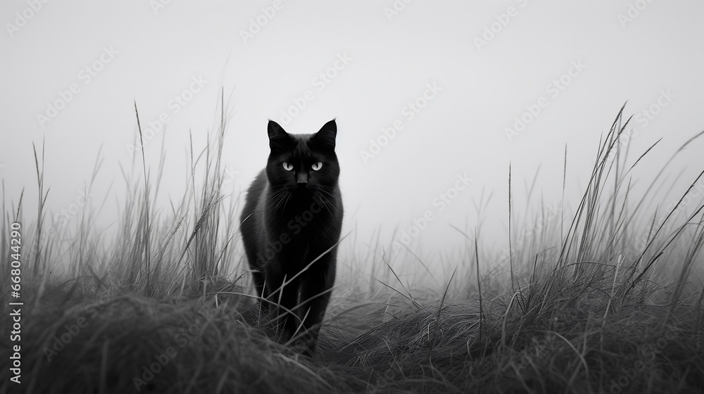 chat noir en position de chasse dans les herbes - obrazy, fototapety, plakaty 