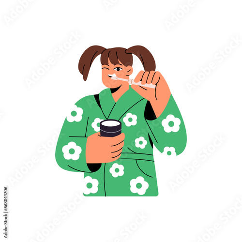 People brush teeth. Kid cleaning tooth with toothbrush. Girl holding cup, rinse mouth. Daily water treatments, healthy habit. Dental hygiene, oral health. Flat isolated vector illustration on white