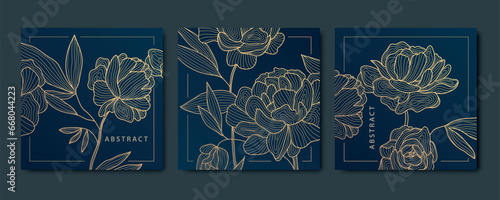 Vector set of abstract luxury golden square cards, post templates for social net, peonies and leaves botanical modern, art deco wallpaper background. Pattern, texture for print, fabric, packaging.