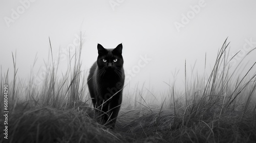 chat noir en position de chasse dans les herbes