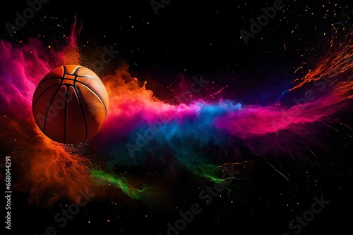 scattered colors on black background with basket ball