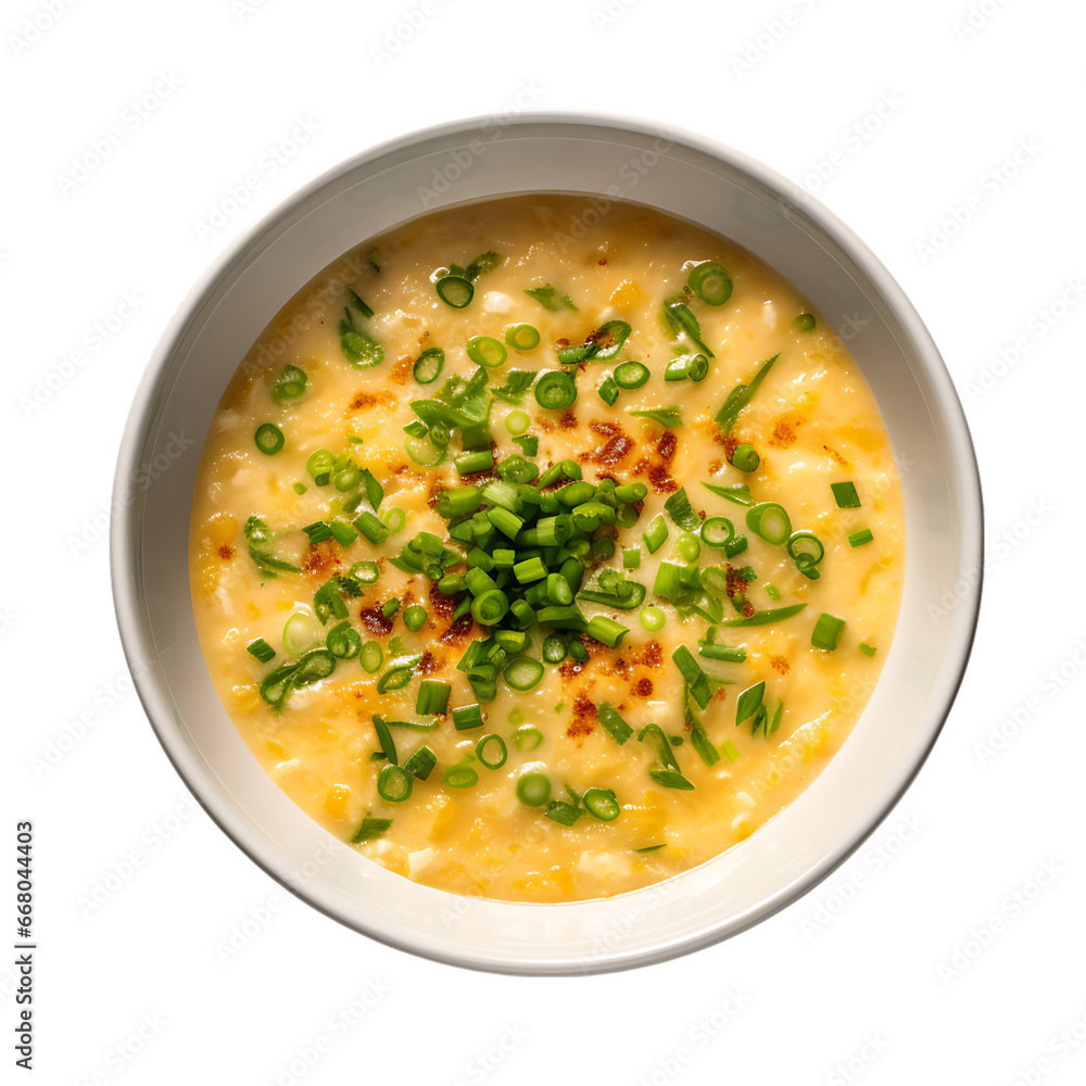 Top View of Egg Drop Soup with Green Onions Isolated on Transparent or White Background, PNG