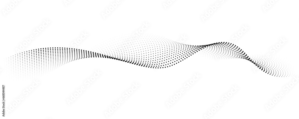 Flowing dot particles wave pattern halftone black gradient smooth curve shape isolated on transparent background. Vector in concept of technology, science, music, modern. - obrazy, fototapety, plakaty 