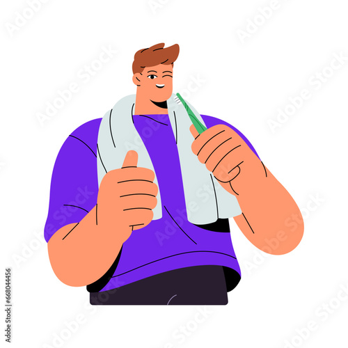 People brush teeth. Young man holding toothbrush in hand, show thumbs up. Cleaning tooth, care about dental health, oral hygiene. Water treatments flat isolated vector illustration on white background