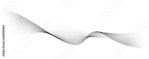 Flowing dot particles wave pattern halftone black gradient smooth curve shape isolated on transparent background. Vector in concept of technology, science, music, modern.