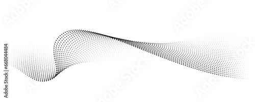 Flowing dot particles wave pattern halftone black gradient smooth curve shape isolated on transparent background. Vector in concept of technology, science, music, modern.